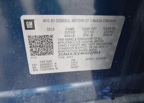 2019 Chevrolet Equinox Lt z USA, uszkodzony, nr VIN 2GNAXJEV4K6232953